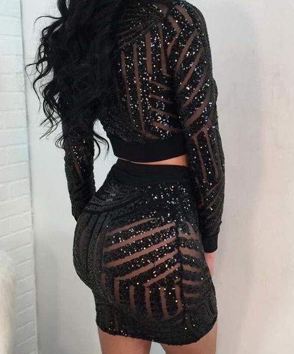 Sequin Long Sleeve Front Zipper Crop Mesh Two Piece Sets