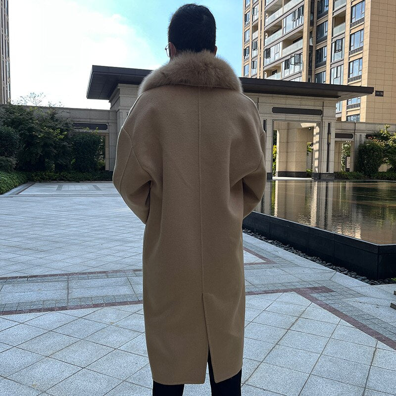 Real Wool Detachable Big Real Fox Fur Collar Long Coats