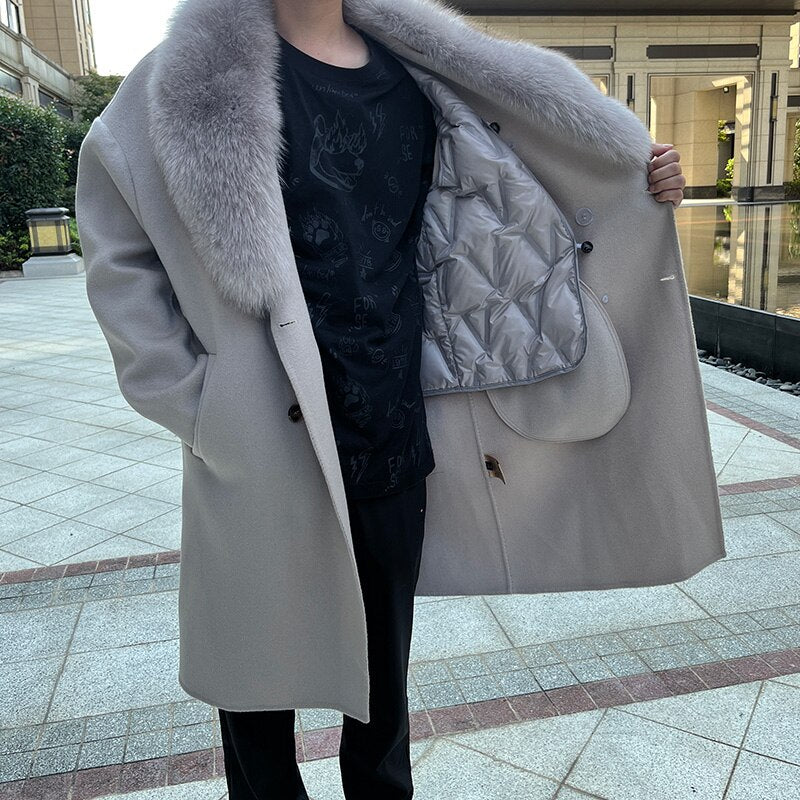 Real Wool Detachable Big Real Fox Fur Collar Long Coats