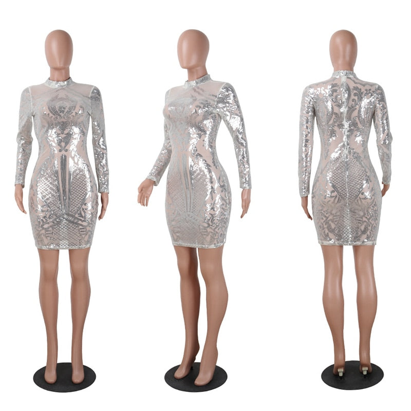 Sliver Sequins Nude Long Sleeve Bodycon Mini Dress