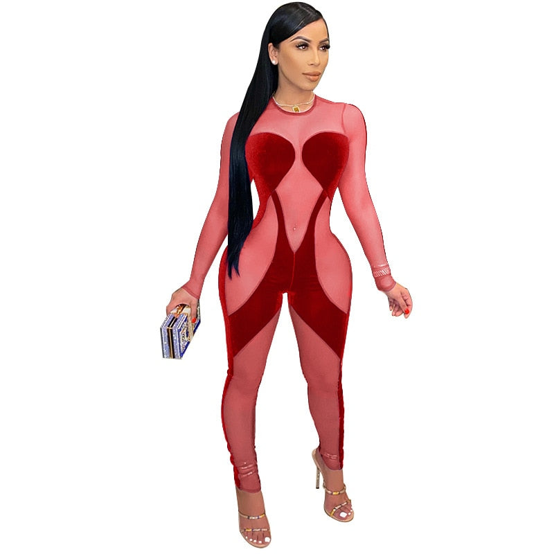 Transparent Mesh Velvet Jumpsuits