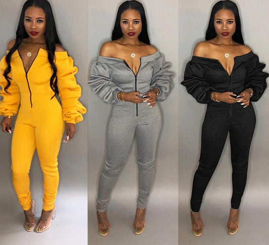 Zipper Front Slash Neck Off Shoulder Long Puff Sleeve Jumpsuits