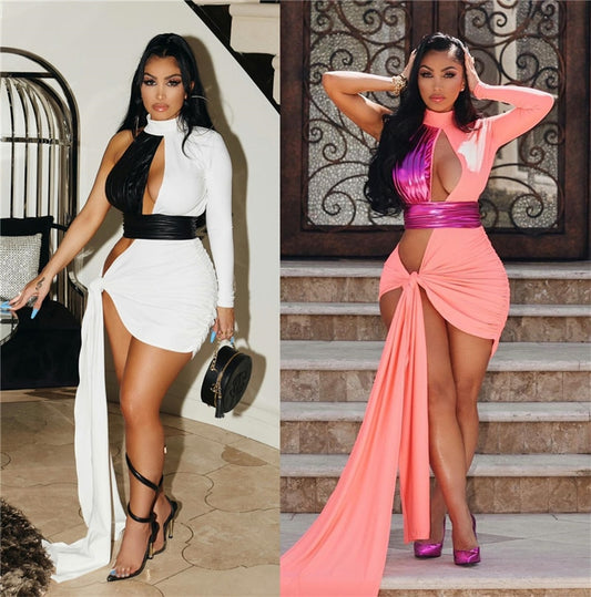 Hollow Halter One Sleeve Knot Drape Dresses