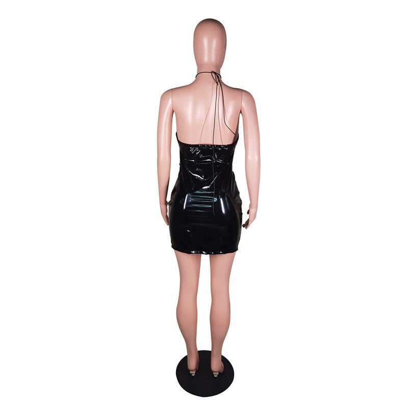 PU Leather Hollow Halter Backless Mini Dresses (Multi-Colors)