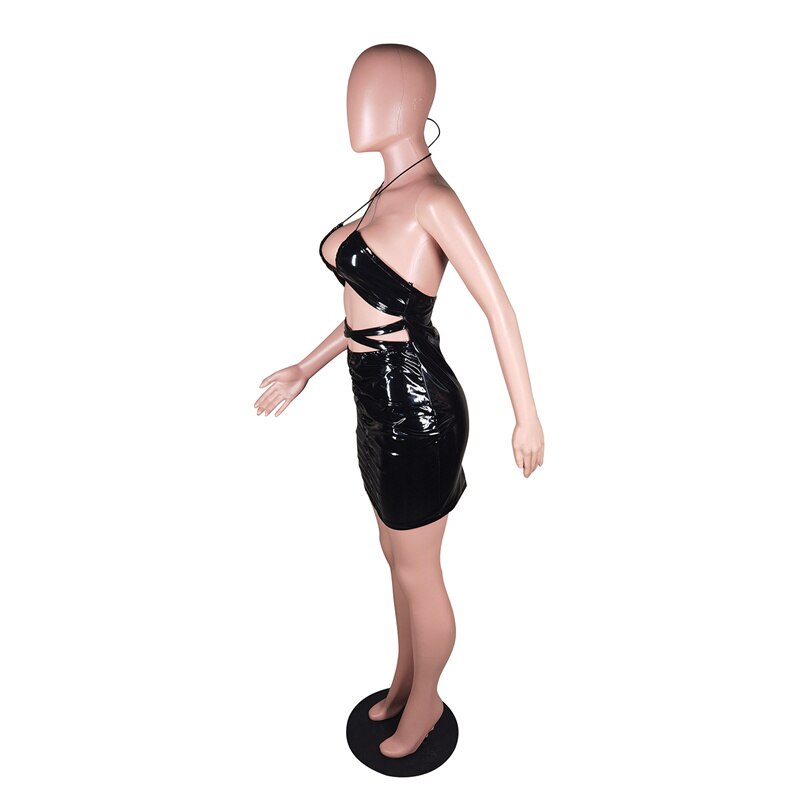 PU Leather Hollow Halter Backless Mini Dresses (Multi-Colors)