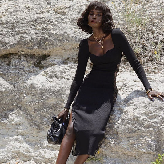 Long Sleeve Side Lace Maxi Bodycon Dresses
