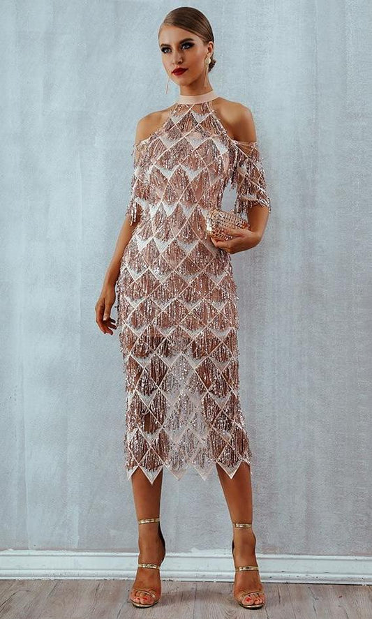 Fringe Sequins Mesh Long Dresses