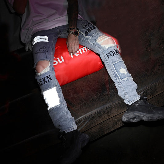 Reflective Skinny Ripped Distressed Jeans