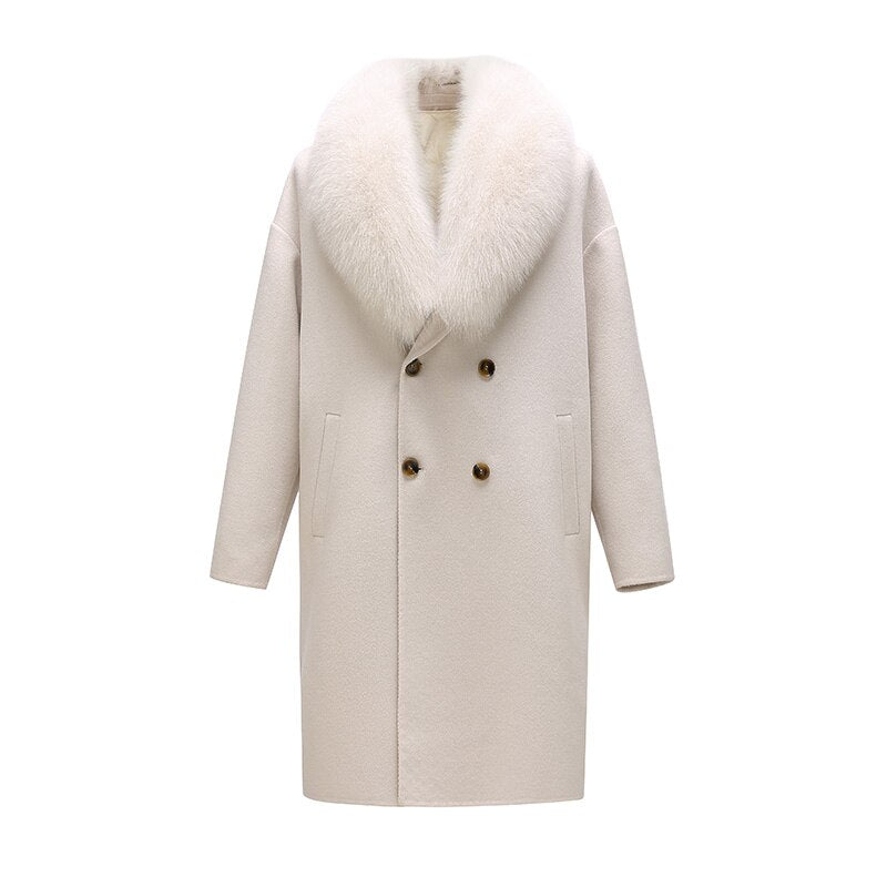 Real Wool Detachable Big Real Fox Fur Collar Long Coats