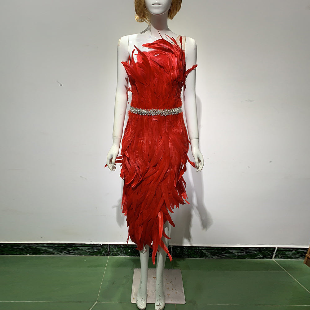 Red Feather Crystal Belt Midi Dress