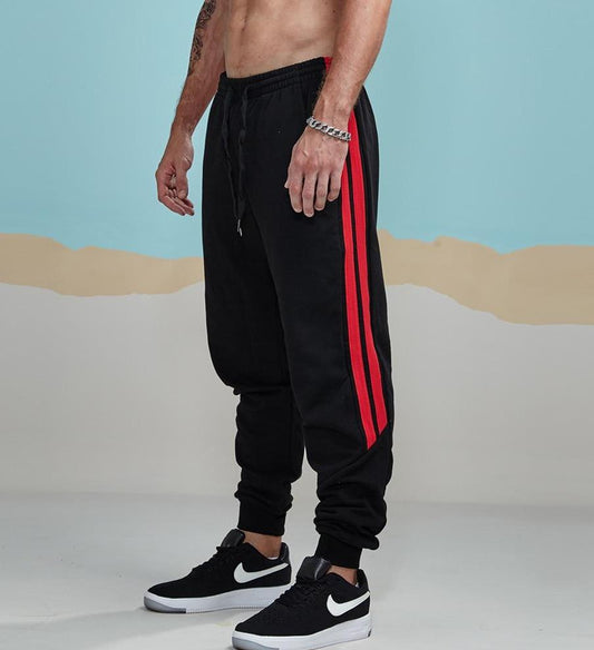 Double Striped Elastic Waist Mid Rise Drawstring Sweatpants