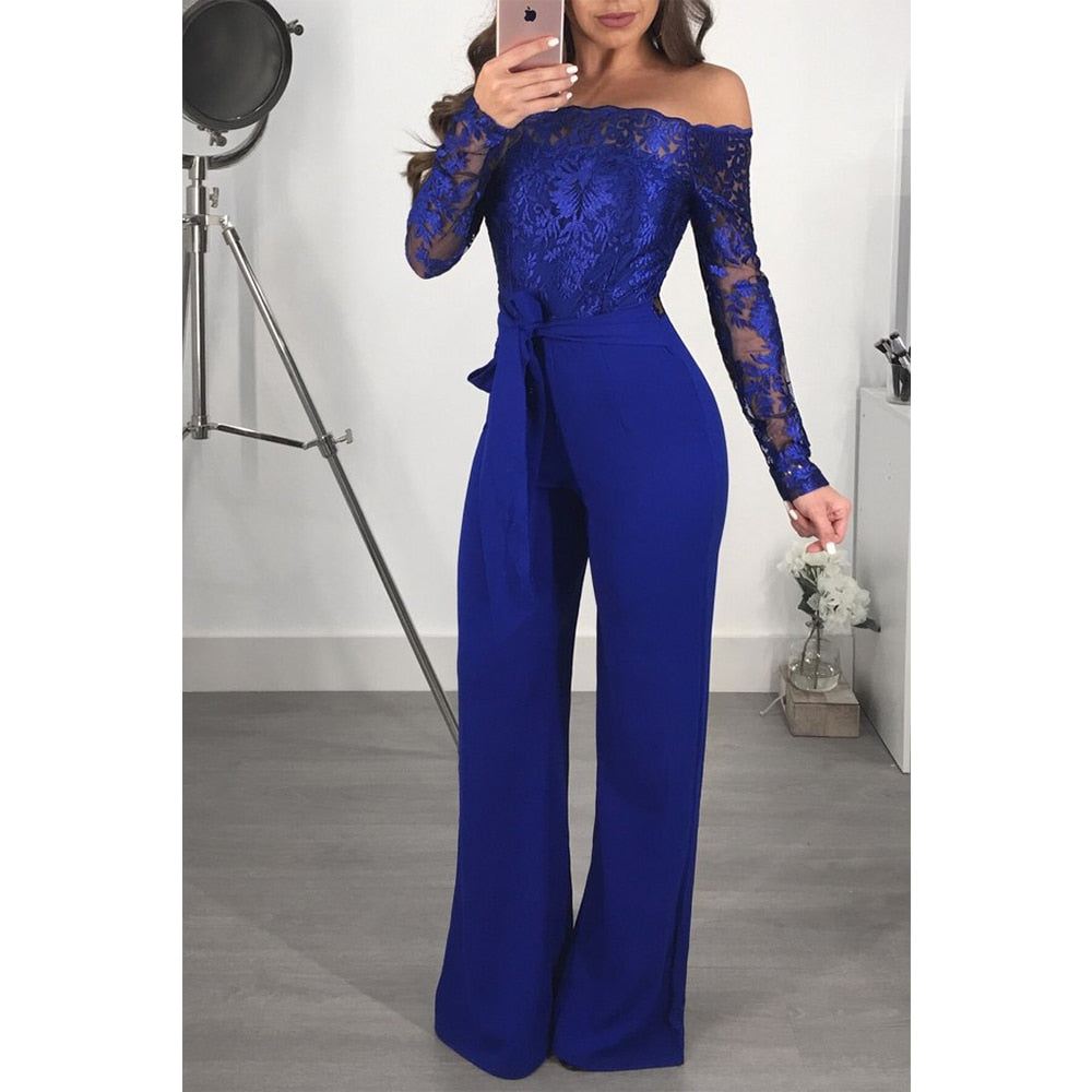 Lace Off Shoulder Slash Neck Long Sleeve Wide Leg Jumpsuits (Multi-Colors)