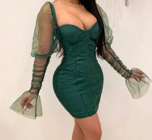 Mesh Puff Flare Sleeve Mini Dresses