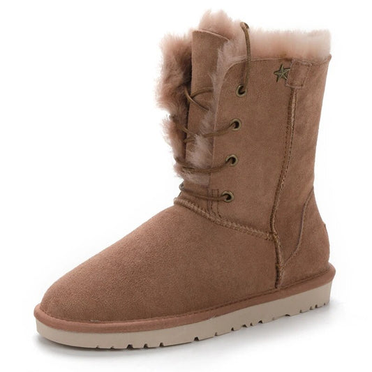 Genuine Leather Waterproof Snow Boots Real Wool