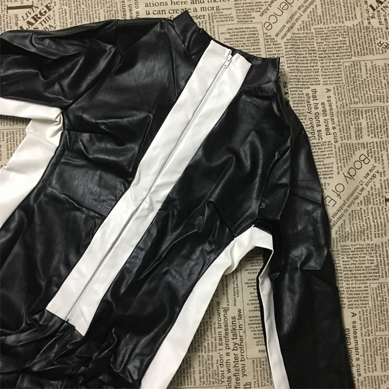 Black & White Front Zipper PU Leather Jumpsuit