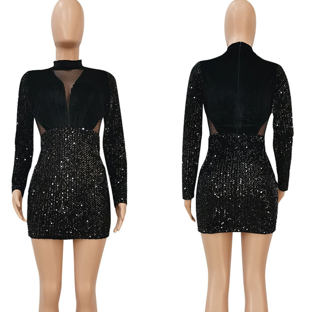 Velvet Mesh Sparkly Long Sleeve Mini Dresses