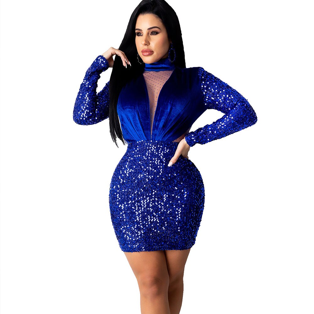 Velvet Mesh Sparkly Long Sleeve Mini Dresses