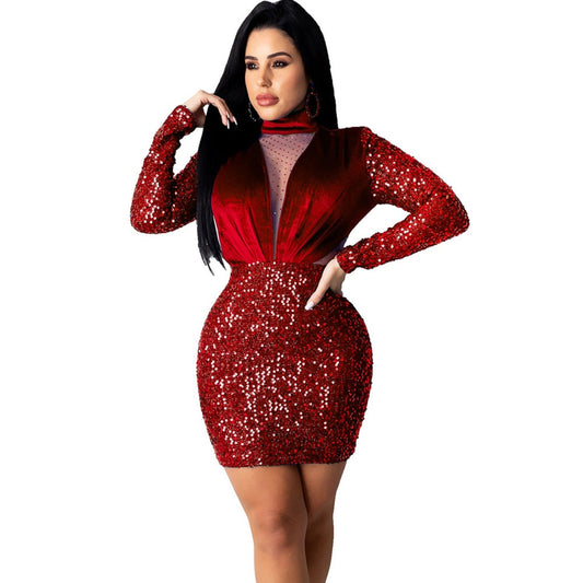 Velvet Mesh Sparkly Long Sleeve Mini Dresses