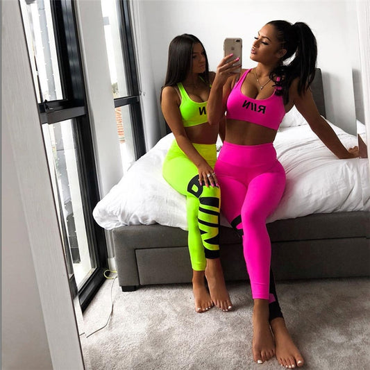 Run Print Crop Top High Waist Tracksuit Sets