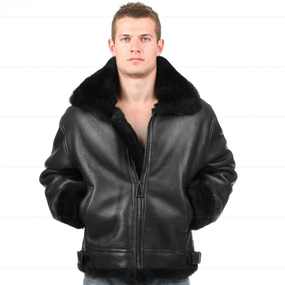 Black Genuine Leather Sherling Fur Aviation Polar Bomber Men/Women