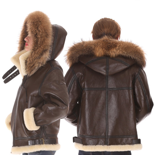 Genuine Leather Shearling Fur Hooded Bomber Men/Women