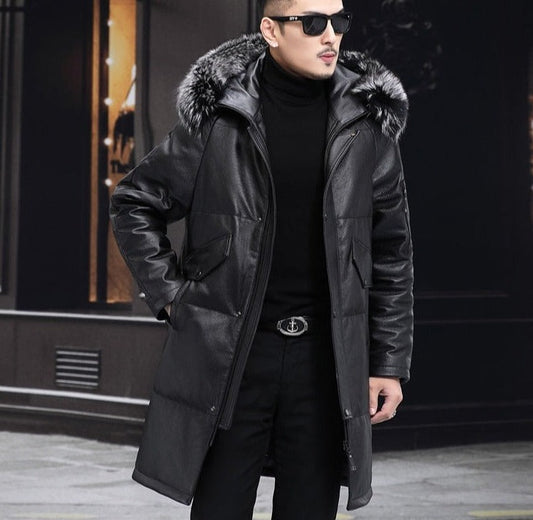 Genuine Leather Down Hooded X-Long Parka