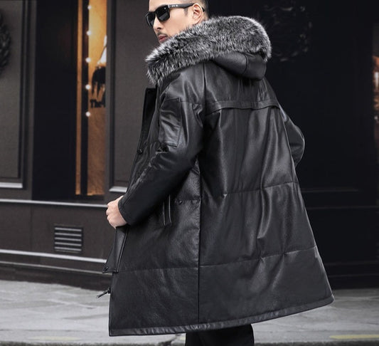Genuine Leather Down Hooded X-Long Parka