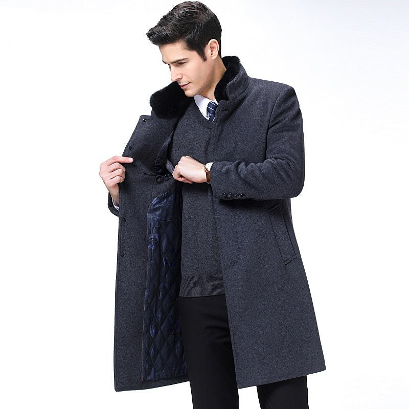 MANDARIN Collar Wool Long Trench Coat