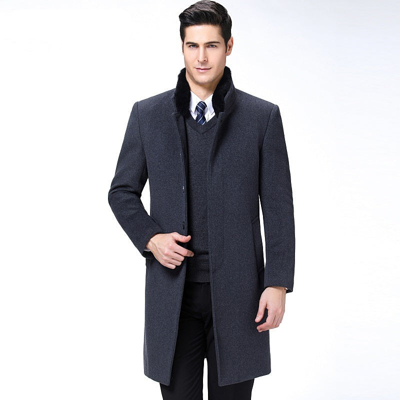 MANDARIN Collar Wool Long Trench Coat