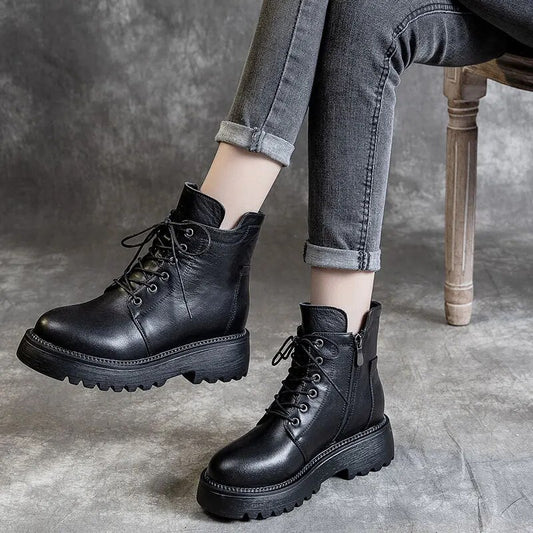 Black Platform Genuine Leather Ankle Boots