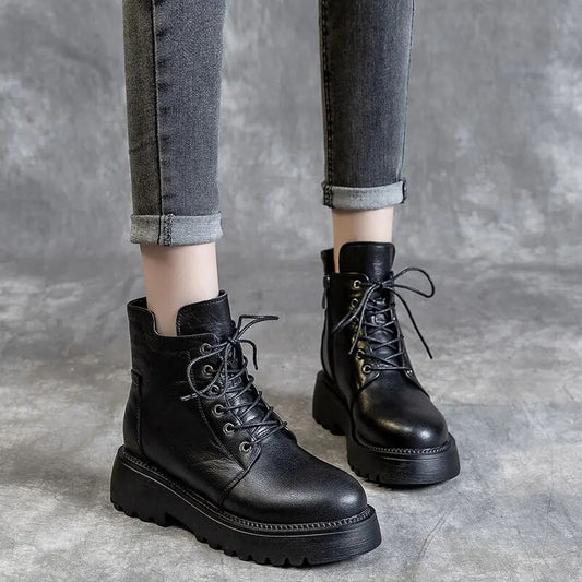 Black Platform Genuine Leather Ankle Boots