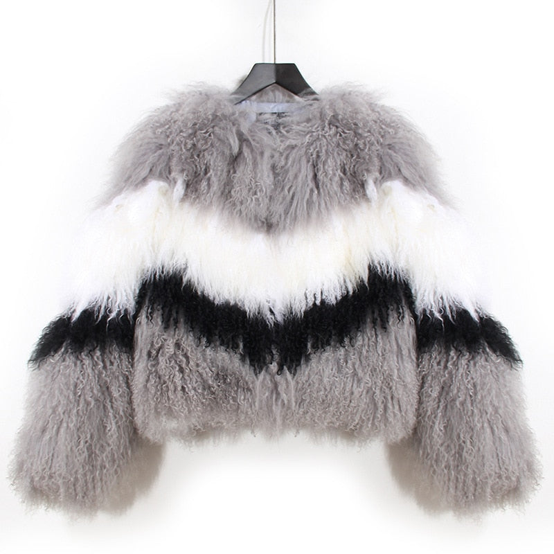 Mongolian Sheep Fur Color Block Full Pelt Coat