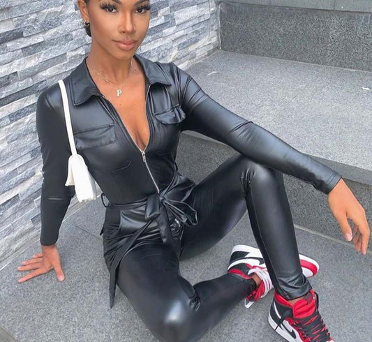 Black Bodycon Pu Leather Vintage Jumpsuit