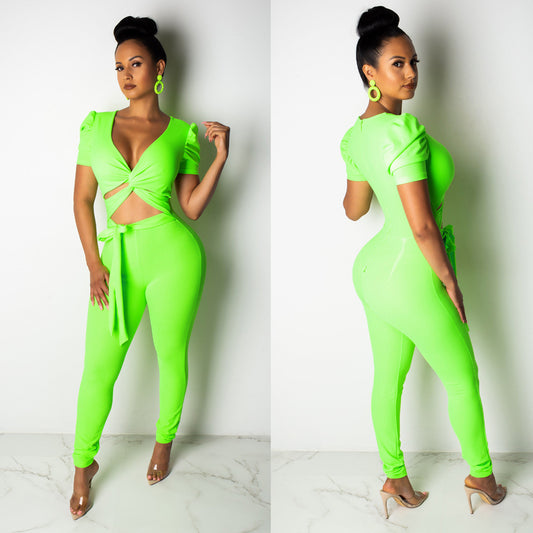 Deep V Criss Cross Crop Top Long Pants Sets
