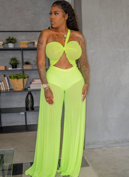 Mesh Halter Crop Top And Pants Set