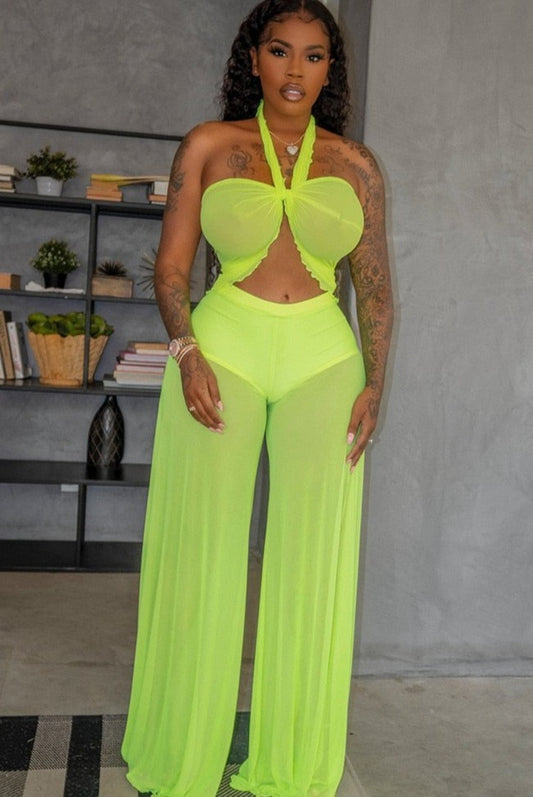 Mesh Halter Crop Top And Pants Set