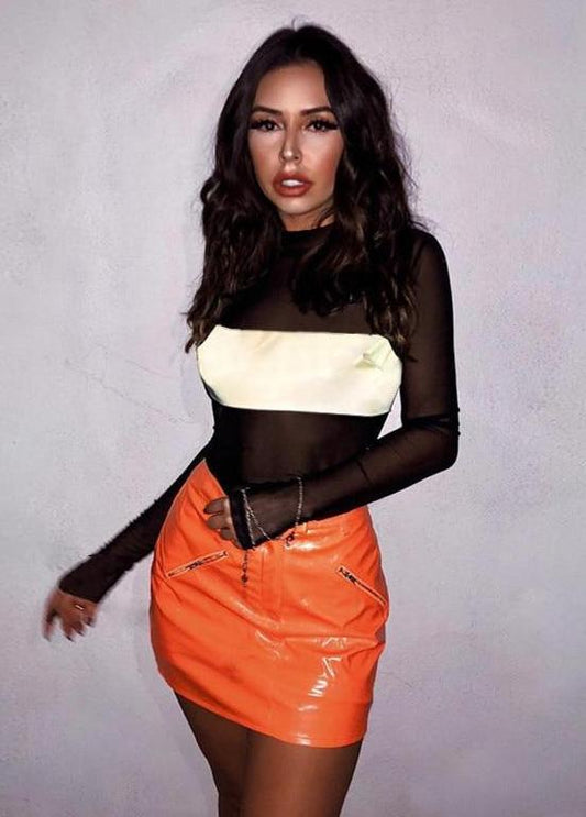 Black Mesh Spliced Reflective Long Sleeve Bodysuit