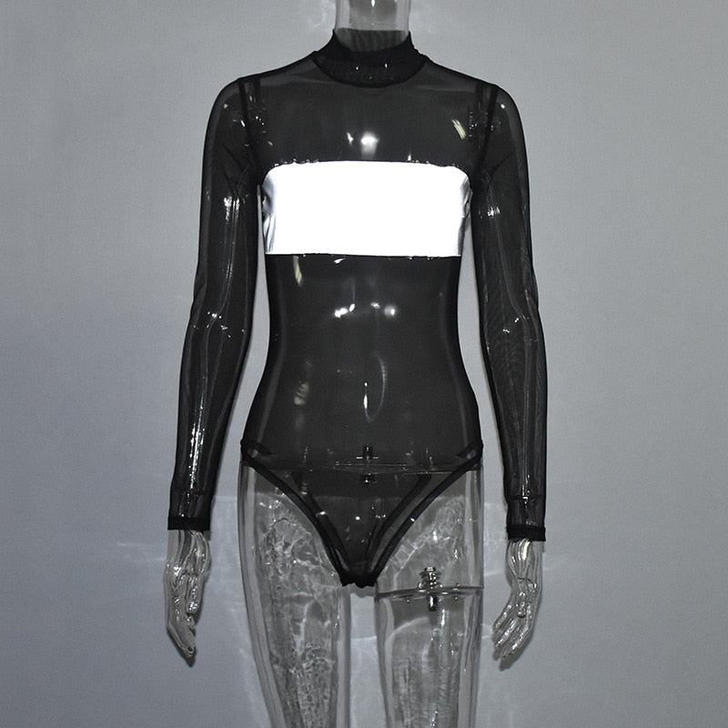 Black Mesh Spliced Reflective Long Sleeve Bodysuit