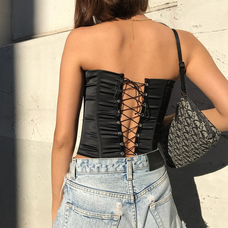 Black Satin Back Lace Up Strapless Crop Top