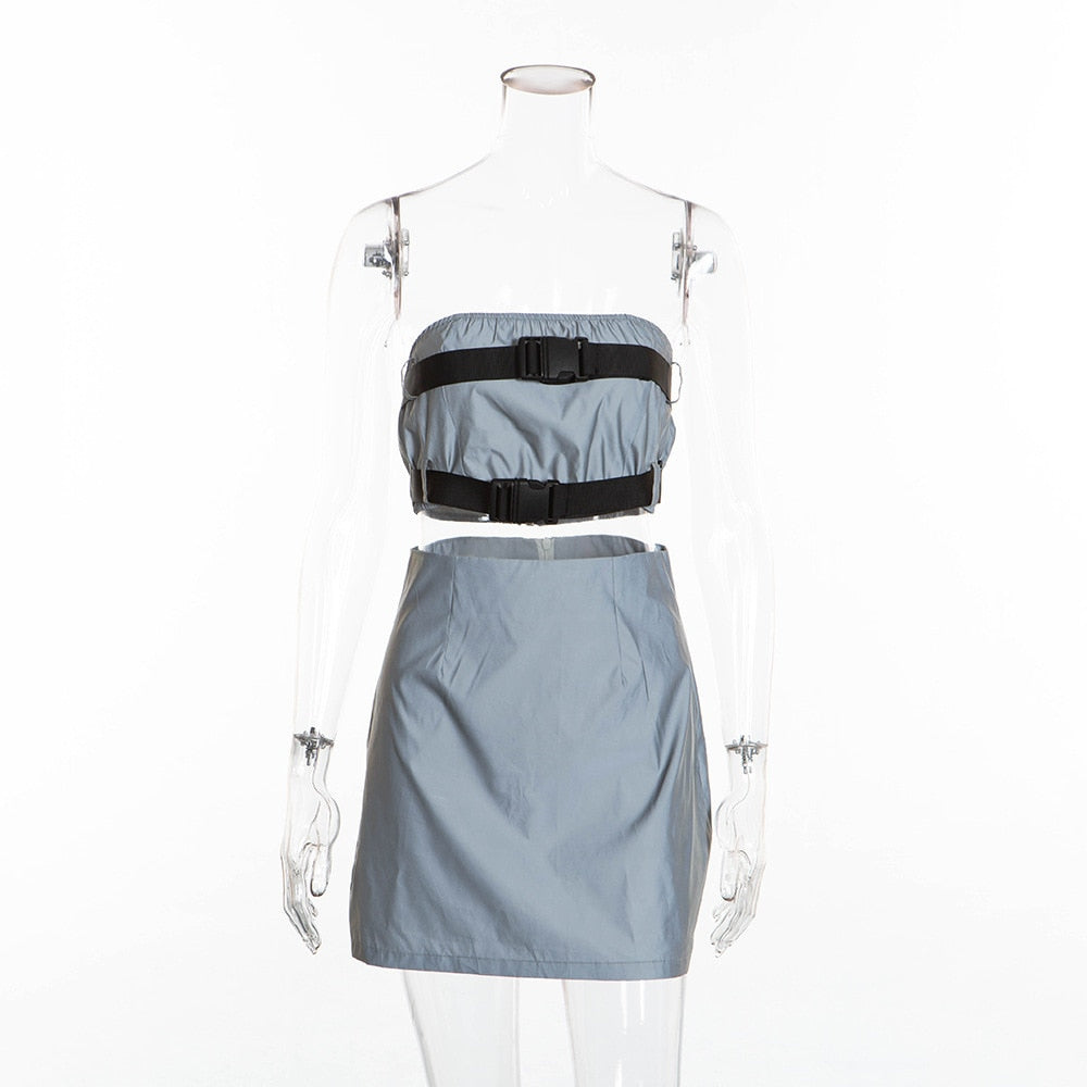 Buckle Reflective Crop Top and Skirt Set