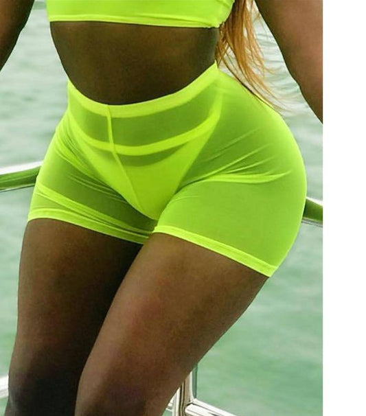 Neon Transparent Mesh High Waist Shorts