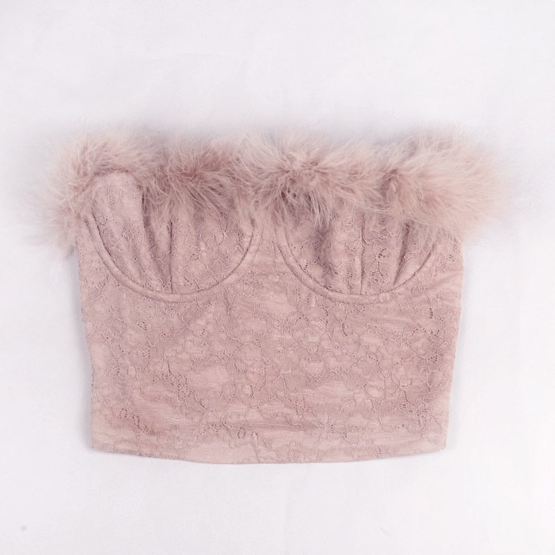 Vintage Pink Feather Lace Strapless Crop Top