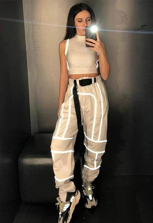 Reflective Buckle Belt High Waist Cargo Pants