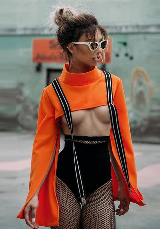 Orange Turtleneck Suspender Micro Crop Hoodie