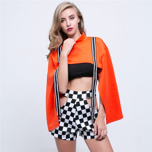 Orange Turtleneck Suspender Micro Crop Hoodie