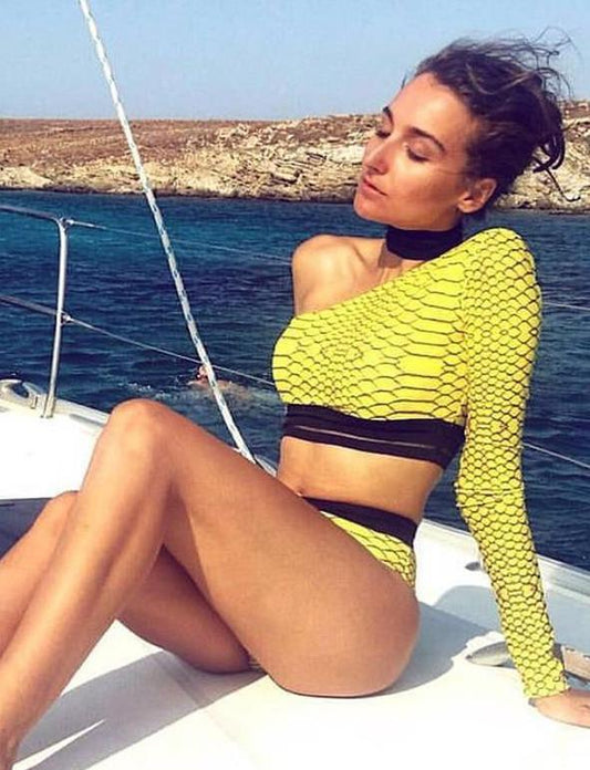 Yellow Snake Print One Shoulder/Sleeve Crop Bikini Set