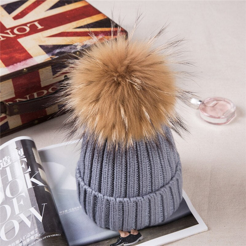 Children Knitted Wool With Real Fox Fur Pom Caps