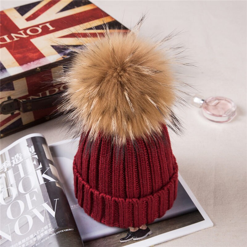 Children Knitted Wool With Real Fox Fur Pom Caps