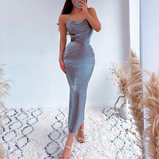 Grey Satin Backless Midi Dresses