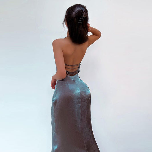 Grey Satin Backless Midi Dresses